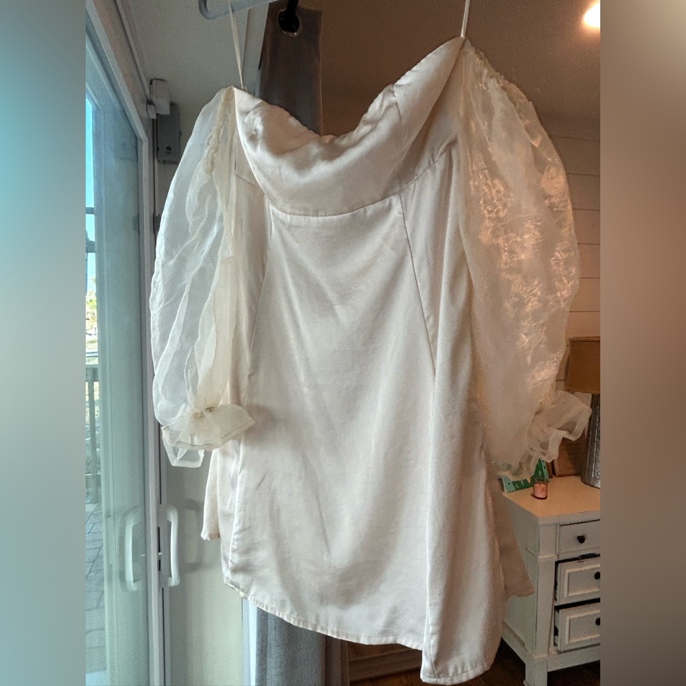 strapless light gold satin dress with sleeves